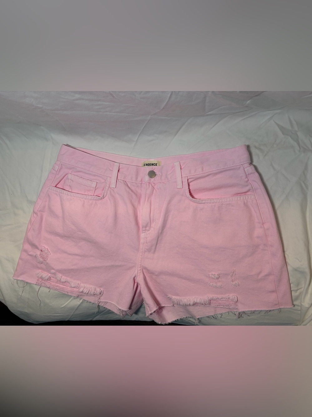 L'AGENCE Pastel Pink Distressed Denim Shorts